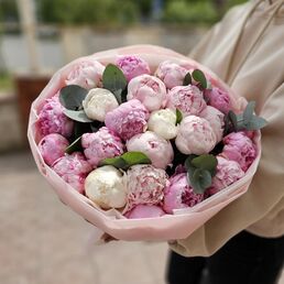 25 нежных пионов с эвкалиптом